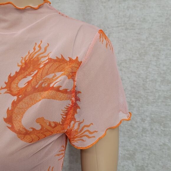 Just Polly Orange Sheer Mesh Dragon Crop Top Tee - Picture 2 of 8
